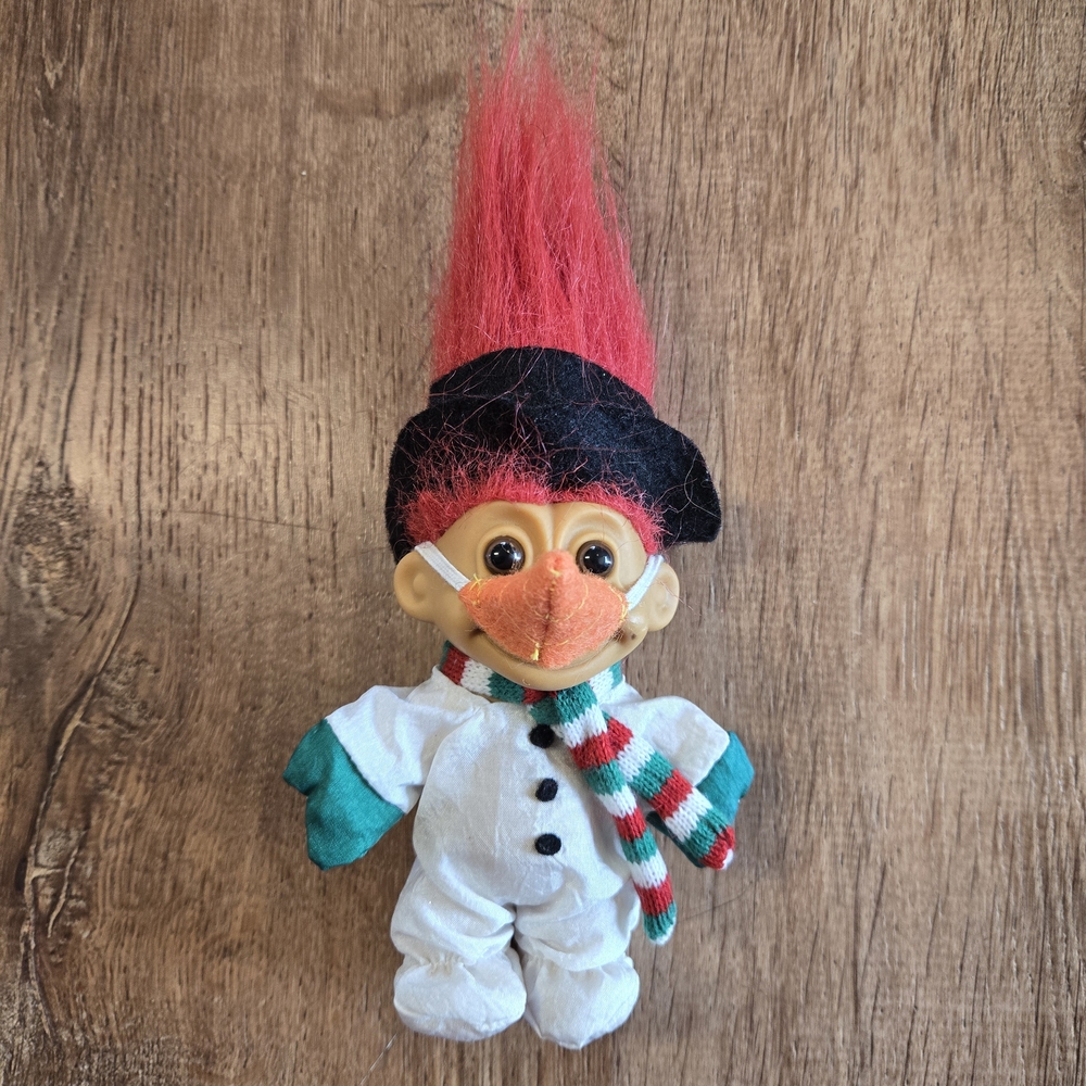 Vintage Russ Troll Doll 4 1/2in Red Hair Scarf Snowman Nose Hat Christmas